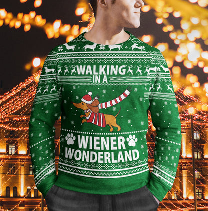 Walking In A Wiener Wonderland Merry Christmas Ugly Sweater Lustiger Weihnachtspullover für die ganze Familie, Geschenkidee für Hundeliebhaber