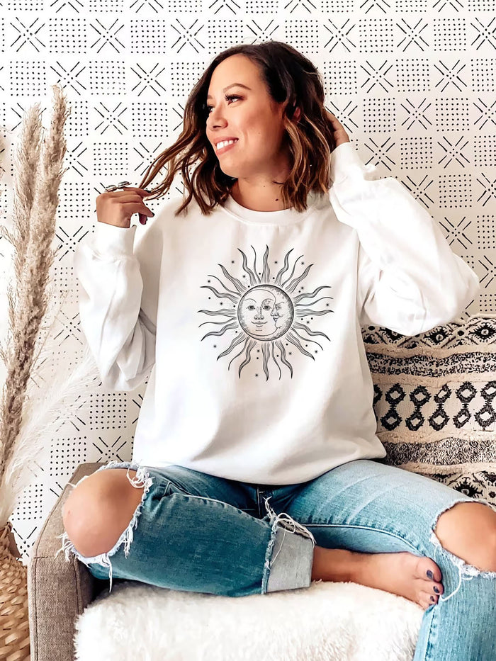 Women's Golden Sun and Moon Boho Mystical Celestial Sweatshirt, Celestial Shirt, Sun and Moon Sweatshirt