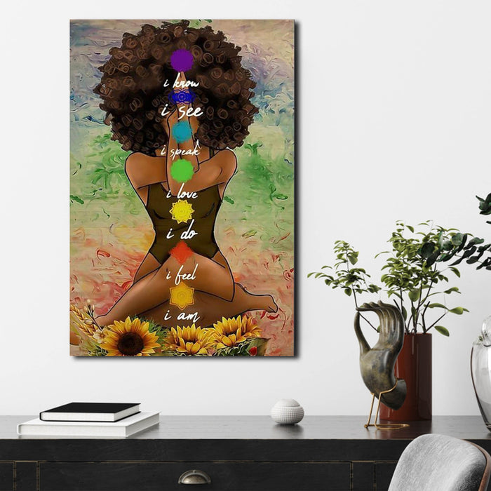 Yoga African American Canvas 7 Chakras Know See Speak Love Do Fell I Am Namaste Art Canvas, Gift for Her Canvas