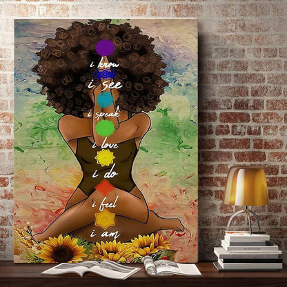 Yoga African American Canvas 7 Chakras Know See Speak Love Do Fell I Am Namaste Art Canvas, Gift for Her Canvas