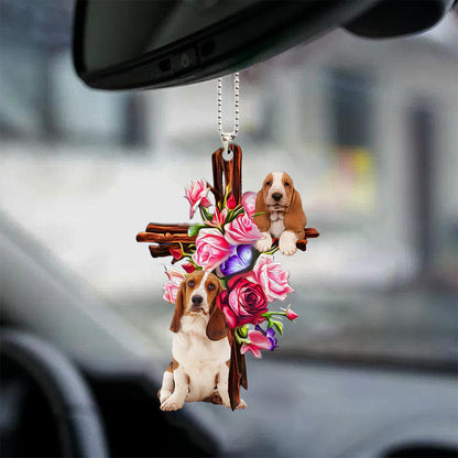 Basset Hound Roses And Jesus Car Hanging Ornament Dog Ornaments For Auto Car Godmerc - Best gifts your whole family