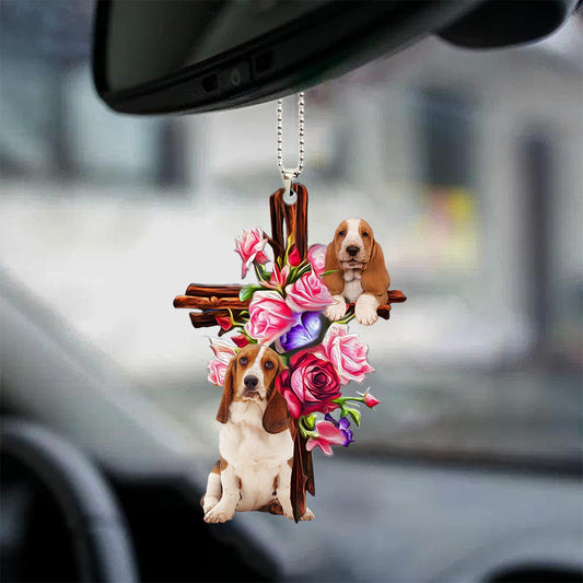 Basset Hound Roses And Jesus Car Hanging Ornament Dog Ornaments For Auto Car Godmerc - Best gifts your whole family