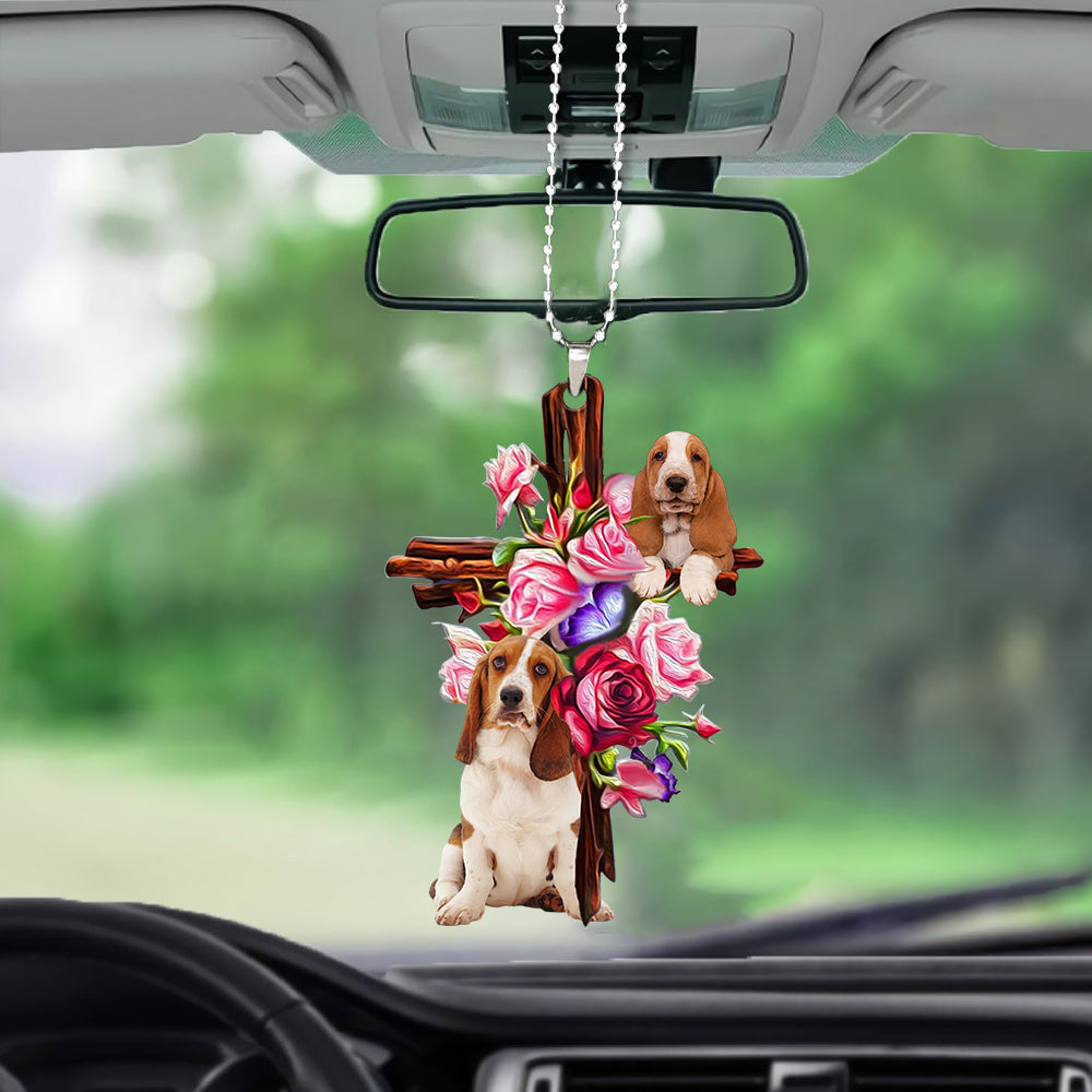 Basset Hound Roses And Jesus Car Hanging Ornament Dog Ornaments For Auto Car Godmerc - Best gifts your whole family