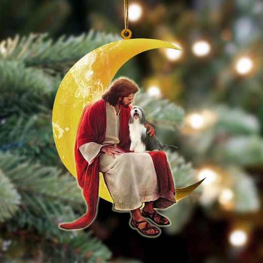 Bearded Collie And Jesus Sitting On The Moon Hanging Ornament Dog Ornament, Car Ornament, Christmas Ornament - Best gifts your whole family
