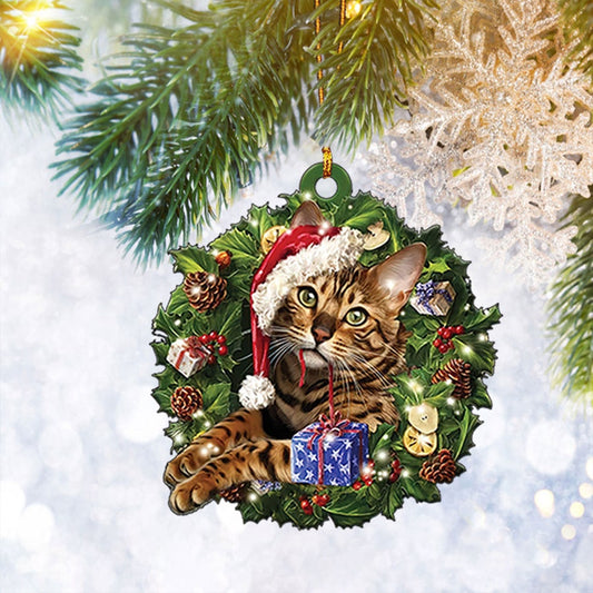 Bengal Cat Christmas Wreath Ornament Flat 2D, Pet Cat Lover Gifts, Christmas Tree Ornament, Home Decor Plastic Ornament - Best gifts your whole family