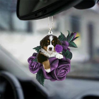 Bernese Mountain In Purple Rose Car Hanging Ornament - Best gifts your whole family