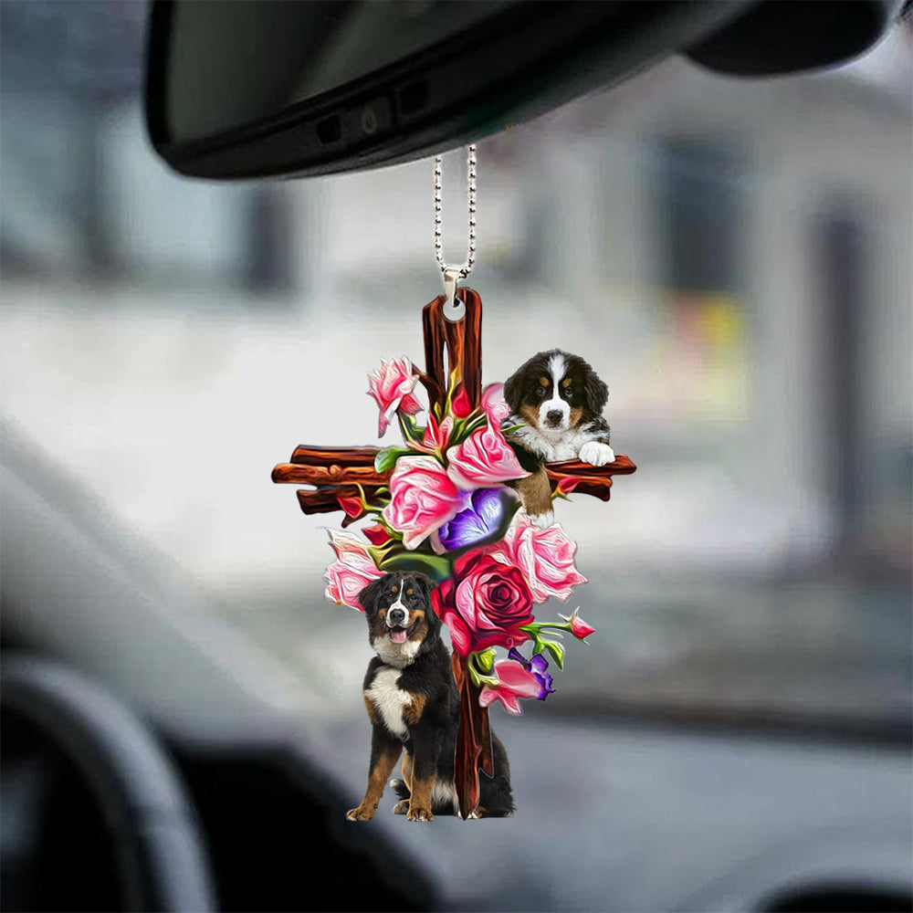 Bernese Mountain Roses And Jesus Car Hanging Ornament Dog Ornaments For Auto Car Godmerc - Best gifts your whole family