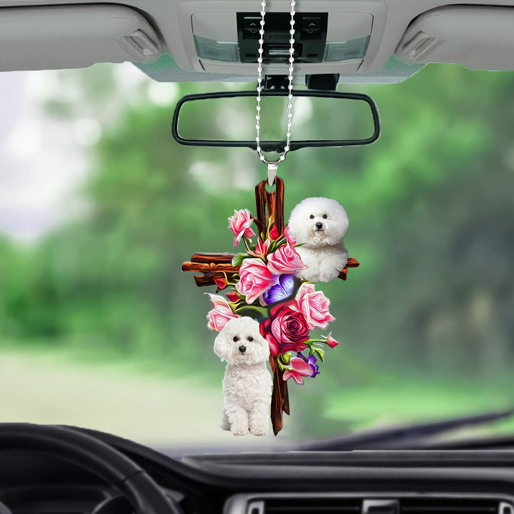 Bichon Frise Roses And Jesus Car Hanging Ornament Dog Ornaments For Auto Car Godmerc - Best gifts your whole family