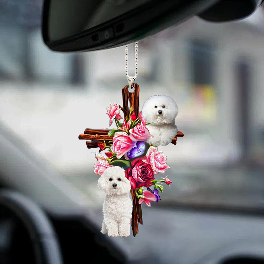 Bichon Frise Roses And Jesus Car Hanging Ornament Dog Ornaments For Auto Car Godmerc - Best gifts your whole family