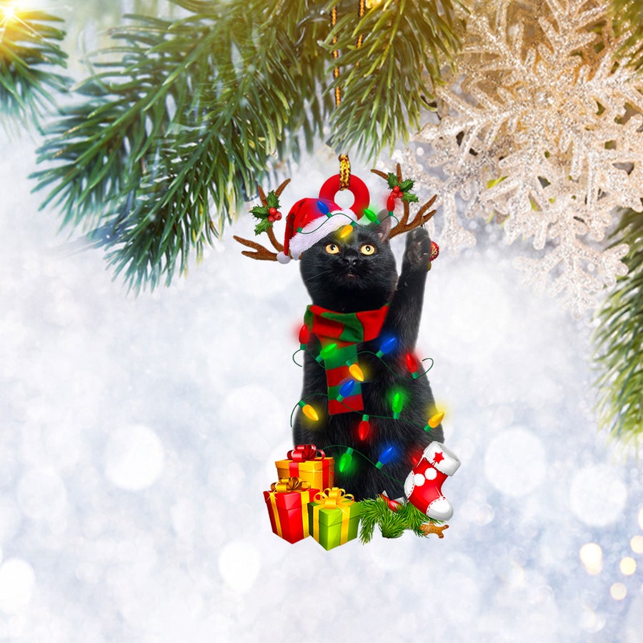 Black Cat Christmas Reindeer Ornament Flat 2D, Pet Cat Lover Gifts, Christmas Tree Ornament, Home Decor Plastic Ornament - Best gifts your whole family