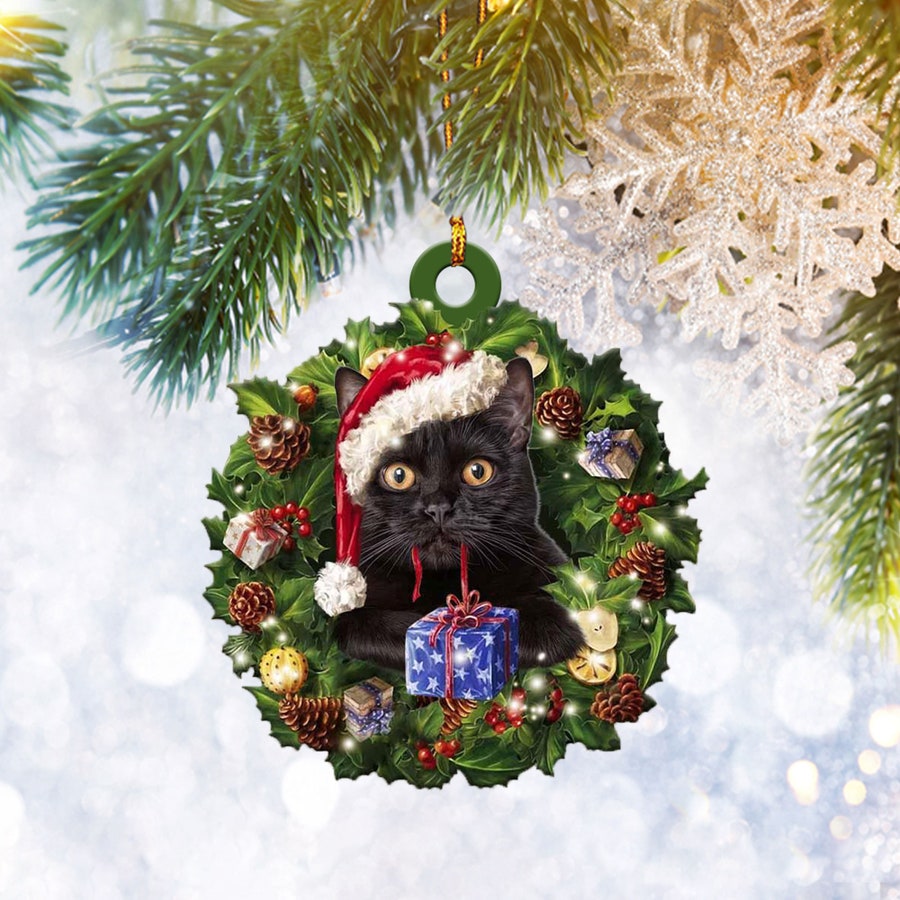 Black Cat Christmas Wreath Ornament Flat 2D, Pet Cat Lover Gifts, Christmas Tree Ornament, Home Decor Plastic Ornament - Best gifts your whole family