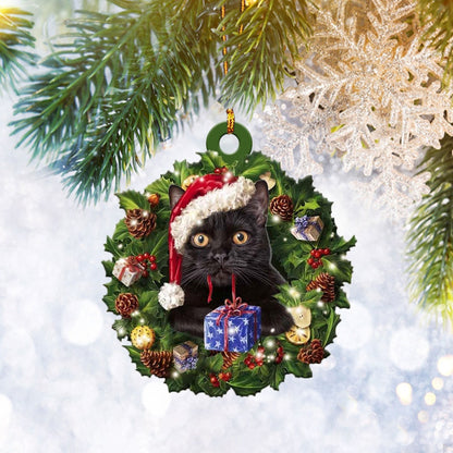 Black Cat Christmas Wreath Ornament Flat 2D, Pet Cat Lover Gifts, Christmas Tree Ornament, Home Decor Plastic Ornament - Best gifts your whole family