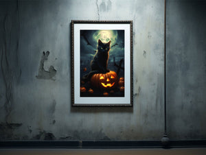 Black Cat On A Pumpkin In The Dark Night Poster, Black Cat Print, Art Poster Print, Dark Academia, Black Cat Art, Witchy Decor - Best gifts your whole family