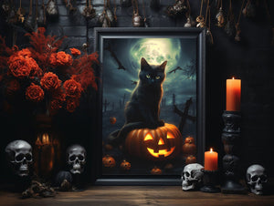 Black Cat On A Pumpkin In The Dark Night Poster, Black Cat Print, Art Poster Print, Dark Academia, Black Cat Art, Witchy Decor - Best gifts your whole family