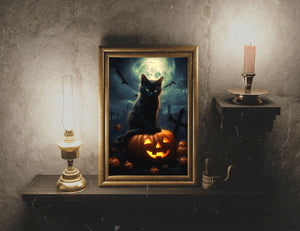 Black Cat On A Pumpkin In The Dark Night Poster, Black Cat Print, Art Poster Print, Dark Academia, Black Cat Art, Witchy Decor - Best gifts your whole family