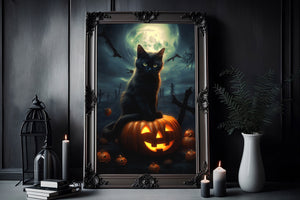 Black Cat On A Pumpkin In The Dark Night Poster, Black Cat Print, Art Poster Print, Dark Academia, Black Cat Art, Witchy Decor - Best gifts your whole family