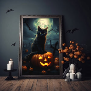 Black Cat On A Pumpkin In The Dark Night Poster, Black Cat Print, Art Poster Print, Dark Academia, Black Cat Art, Witchy Decor - Best gifts your whole family