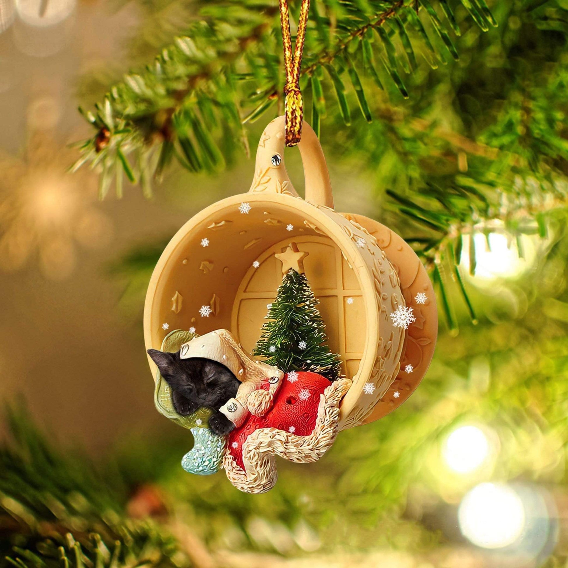 Black Cat Sleeping in a tiny cup Christmas Holiday - One Sided Ornament, Car Ornament, Christmas Ornament - Best gifts your whole family
