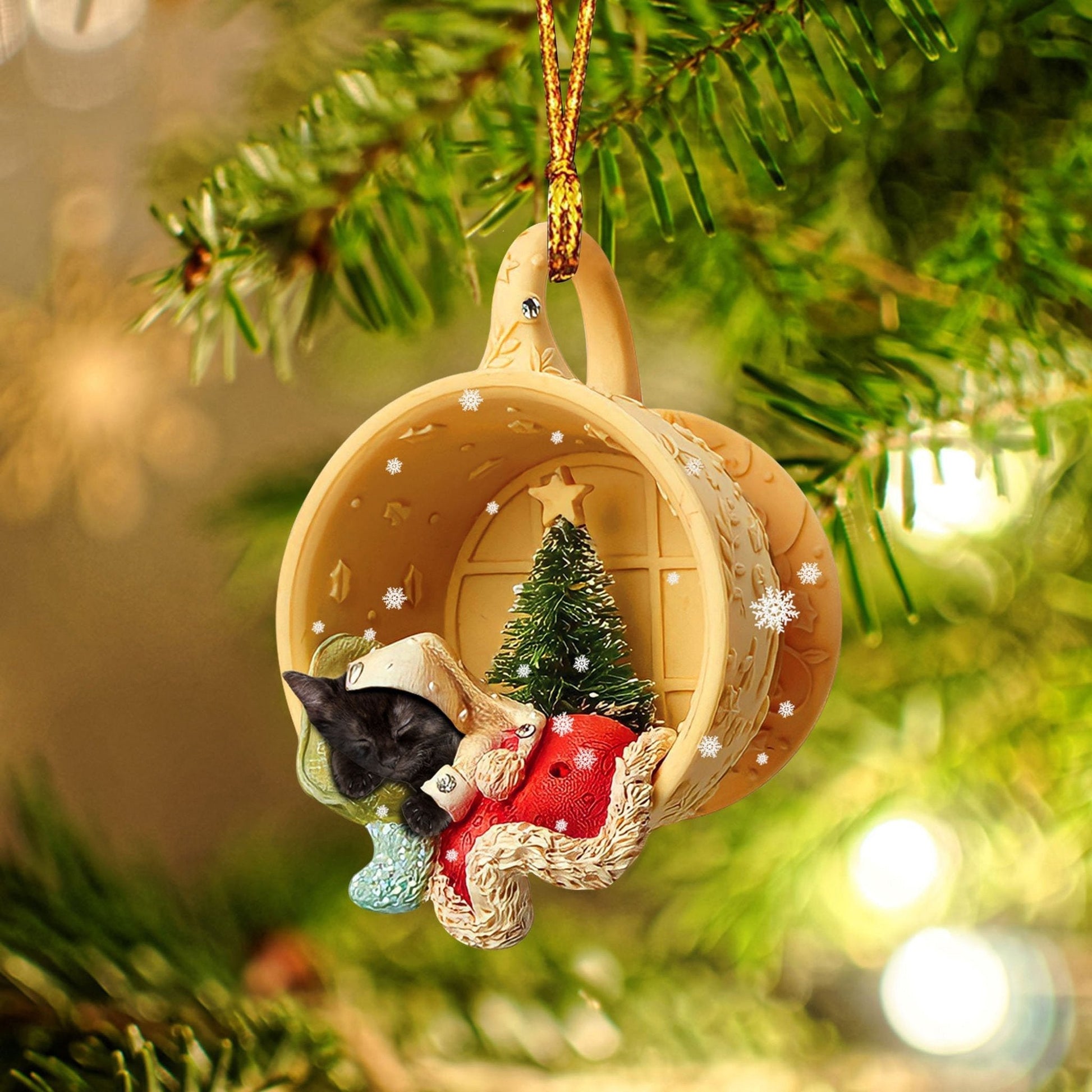 Black Cat Sleeping in a tiny cup Christmas Holiday-Two Sided Ornament, Christmas Ornament, Car Ornament - Best gifts your whole family