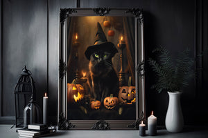 Black Cat Witch With Pumpkin Poster, Witch Print, Cat Witch Poster, Gothic Art, Dark Academia, Black Cat Witch, Halloween Decor - Best gifts your whole family