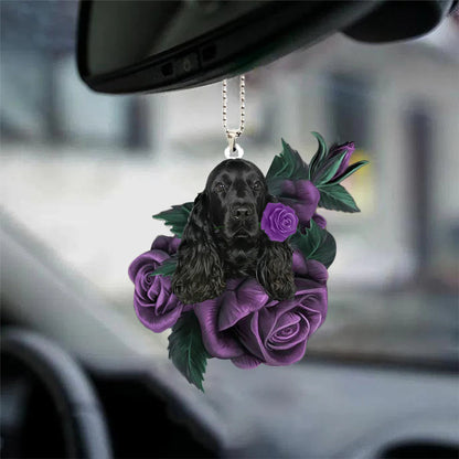 Black Cocker Spaniel In Purple Rose Car Hanging Ornament - Best gifts your whole family