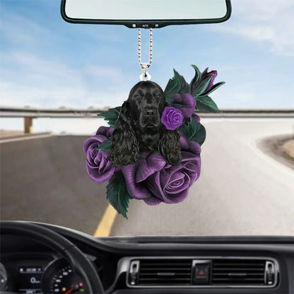 Black Cocker Spaniel In Purple Rose Car Hanging Ornament - Best gifts your whole family