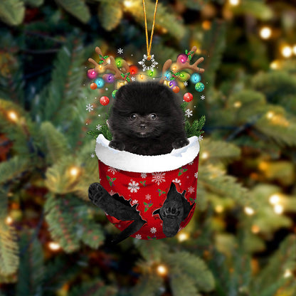 BLACK Pomeranian In Snow Pocket Christmas Ornament Flat Acrylic Dog Ornament - Best gifts your whole family