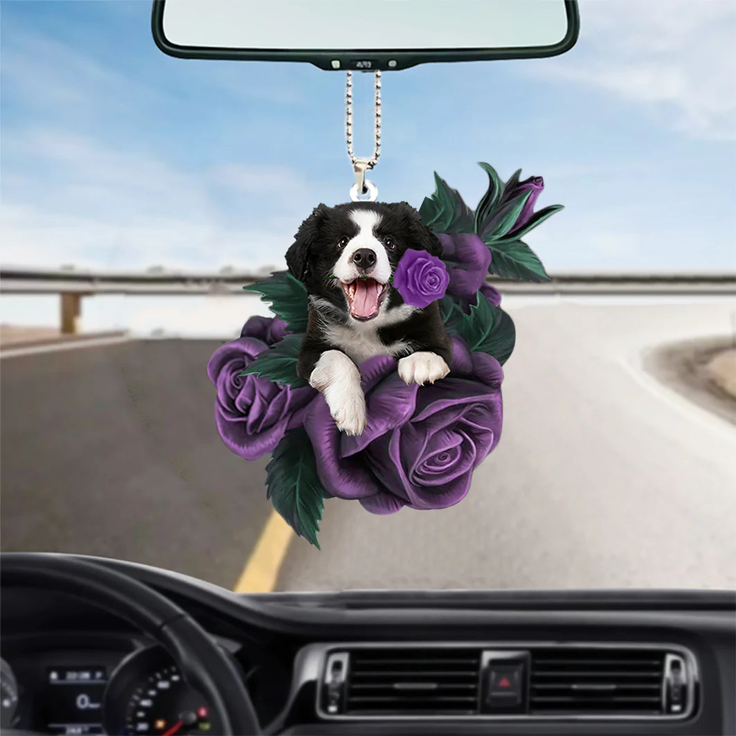 Border Collie In Purple Rose Car Hanging Ornament - Best gifts your whole family