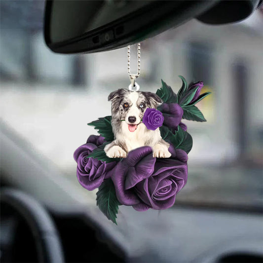 Border Collie In Purple Rose Car Hanging Ornament, Car Ornament For Dog Lovers - Best gifts your whole family