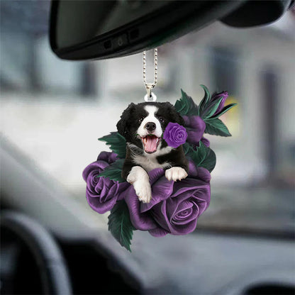 Border Collie In Purple Rose Car Hanging Ornament - Best gifts your whole family