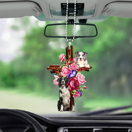 Border Collie Roses And Jesus Car Hanging Ornament Dog Ornaments For Auto Ornament Gift Godmerc - Best gifts your whole family