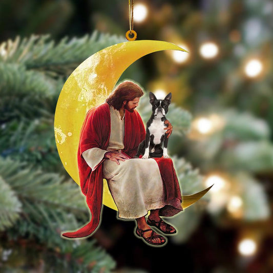 Boston Terrier And Jesus Sitting On The Moon Hanging Ornament Dog Ornament, Car Ornament, Christmas Ornament - Best gifts your whole family