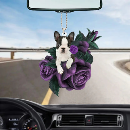 Boston Terrier In Purple Rose Car Hanging Ornament - Best gifts your whole family