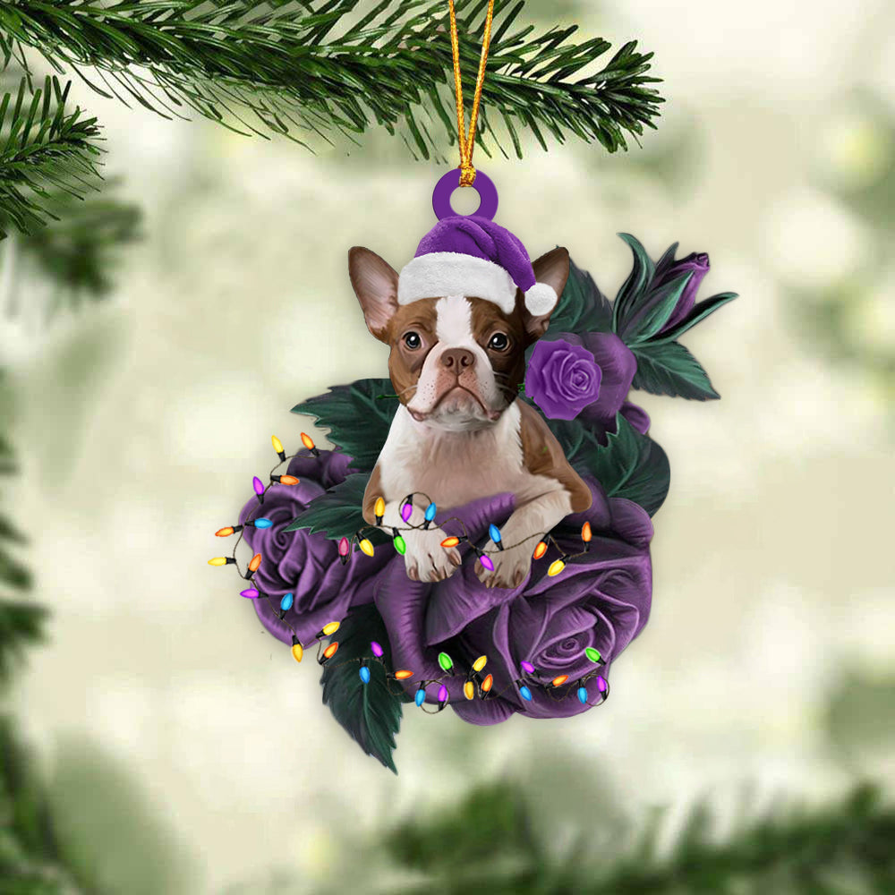 Boston Terrier In Purple Rose Christmas Ornament Dog Hanging Ornament For Christmas - Best gifts your whole family