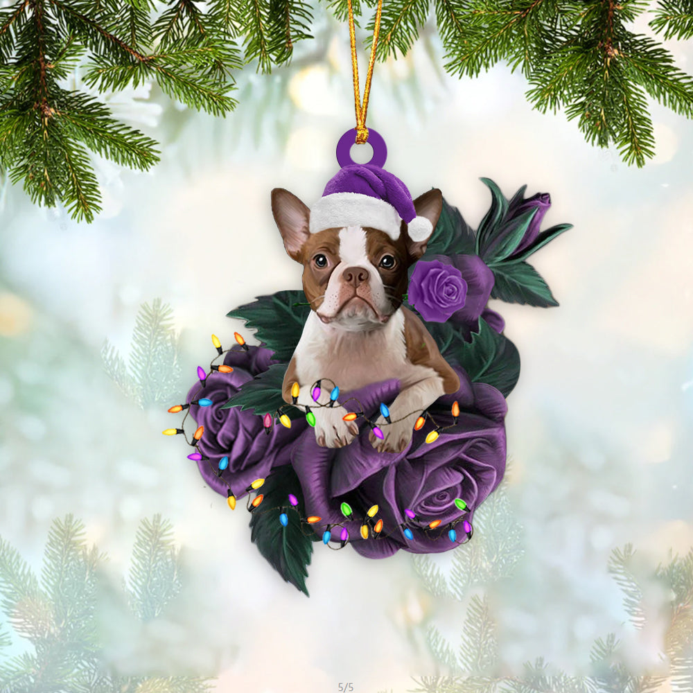 Boston Terrier In Purple Rose Christmas Ornament Dog Hanging Ornament For Christmas - Best gifts your whole family