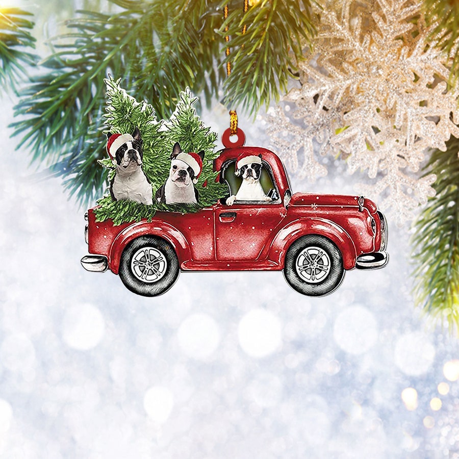 Boston Terrier Red Truck Flat 2D Ornament, Pet Dog Lover Gifts, Christmas Tree Ornament, Home Decor Plastic Ornament - Best gifts your whole family