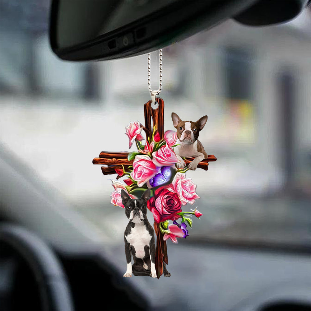 Boston Terrier Roses And Jesus Car Hanging Ornament Dog Ornaments For Auto Car Godmerc - Best gifts your whole family