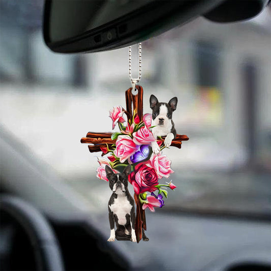 Boston Terrier Roses And Jesus Car Hanging Ornament Dog Ornaments For Auto Godmerc - Best gifts your whole family