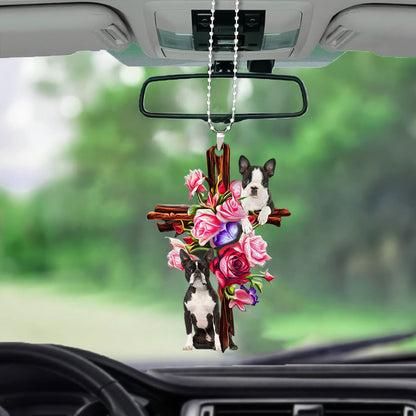 Boston Terrier Roses And Jesus Car Hanging Ornament Dog Ornaments For Auto Godmerc - Best gifts your whole family