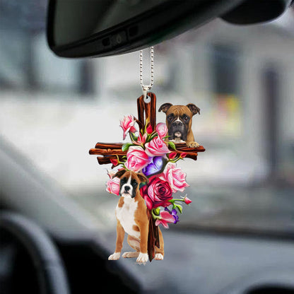 Boxer Roses And Jesus Car Hanging Ornament Dog Ornaments For Auto Car Godmerc - Best gifts your whole family