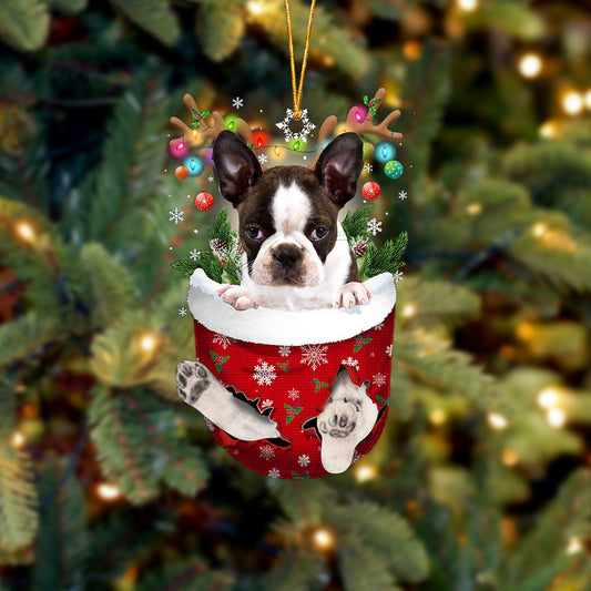 BRINDLE Boston Terrier In Snow Pocket Christmas Ornament Flat Acrylic Dog Ornament - Best gifts your whole family
