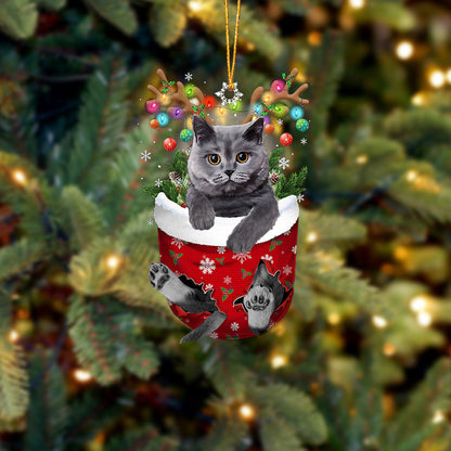 British Grey Cat In Snow Pocket Christmas Ornament - Best gifts your whole family