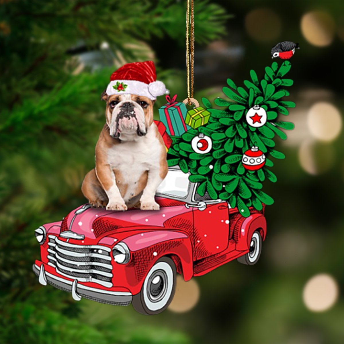 Brown English Bulldog-Pine Truck Hanging Ornament - Best gifts your whole family