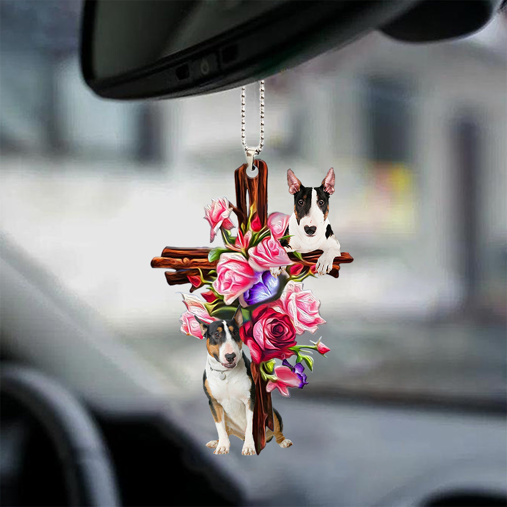 Bull Terrier Roses And Jesus Car Hanging Ornament Dog Ornaments For Auto Car Godmerc - Best gifts your whole family