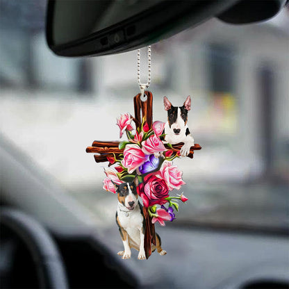 Bull Terrier Roses And Jesus Car Hanging Ornament Dog Ornaments For Auto Car Godmerc - Best gifts your whole family