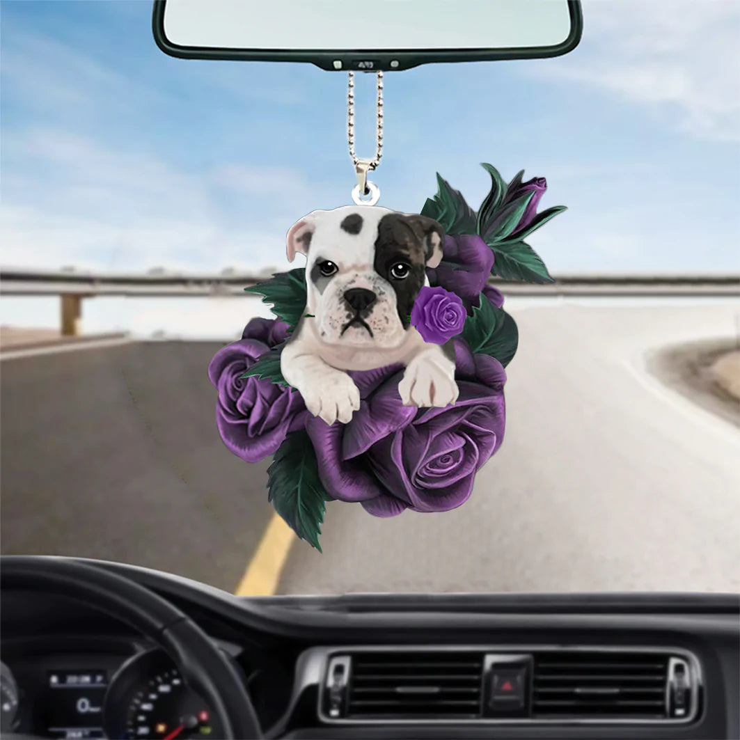 Bulldog In Purple Rose Car Hanging Ornament, Dog Hanging Ornament For Car - Best gifts your whole family