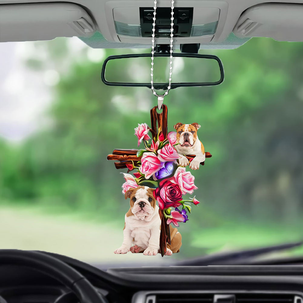 Bulldog Roses And Jesus Car Front Hanging Ornament Dog Ornaments For Auto Car Godmerc - Best gifts your whole family