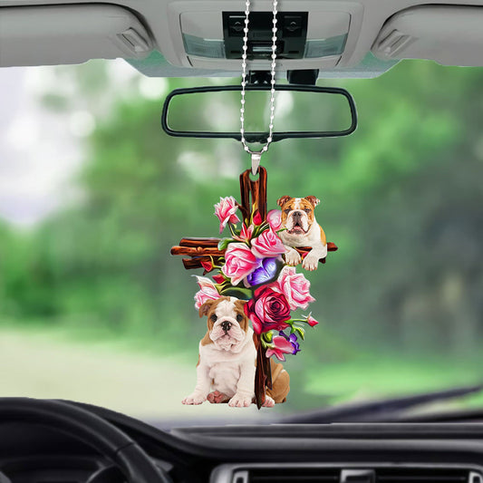 Bulldog Roses And Jesus Car Front Hanging Ornament Dog Ornaments For Auto Car Godmerc - Best gifts your whole family