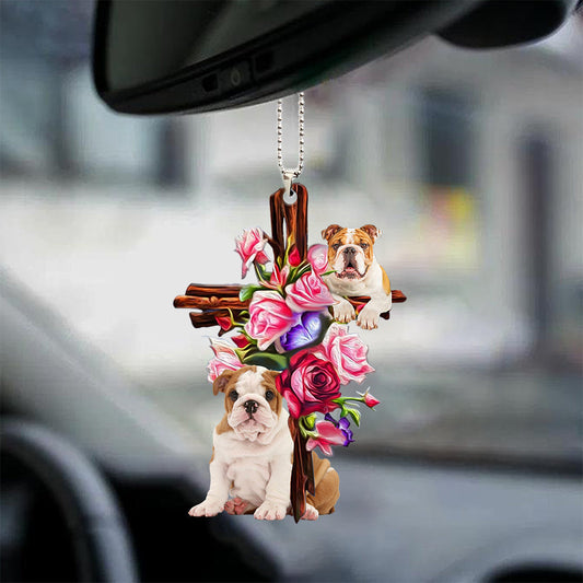 Bulldog Roses And Jesus Car Front Hanging Ornament Dog Ornaments For Auto Car Godmerc - Best gifts your whole family