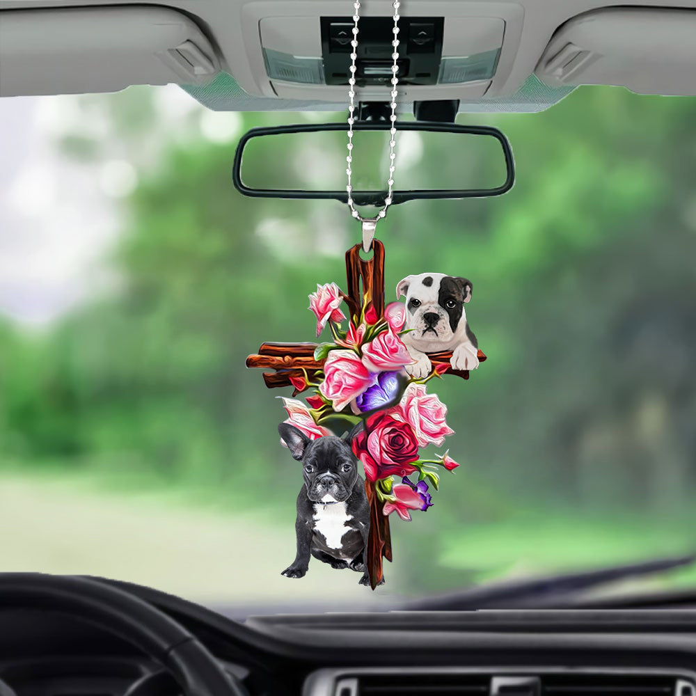 Bulldog Roses And Jesus Car Hanging Ornament Dog Ornaments For Auto Car Godmerc - Best gifts your whole family
